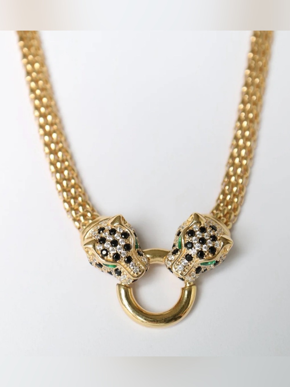 Double Panther Head Necklace with Simulated Diamond, Onyx & Emeralds